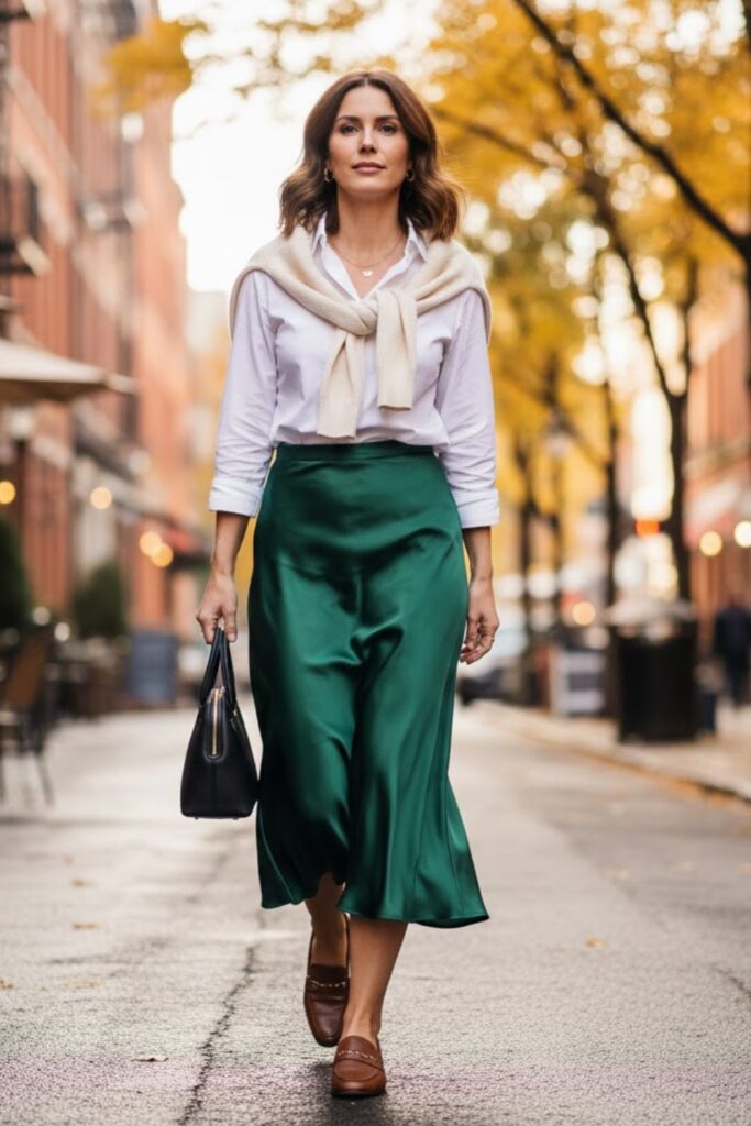 Satin Skirt with Button-Up Shirt