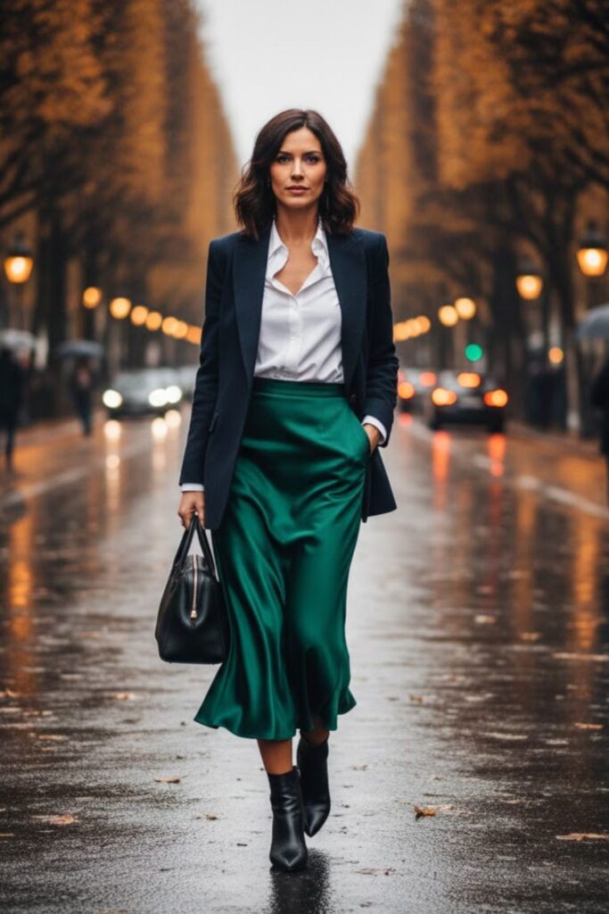 Satin Skirt with Button-Up Shirt