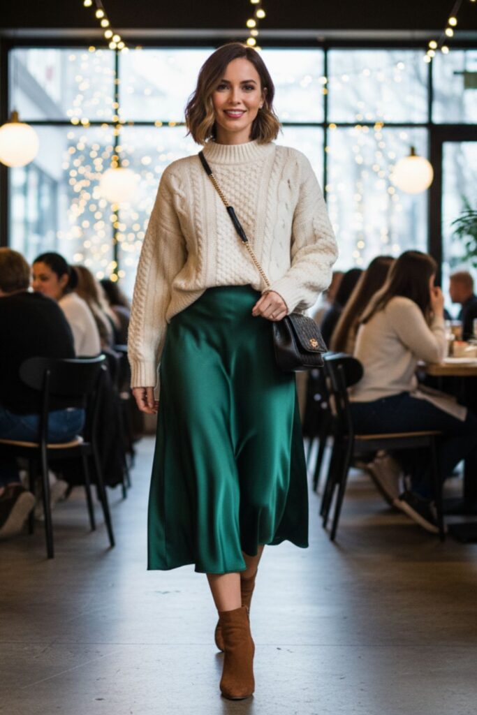 Satin Skirt with Chunky Knit