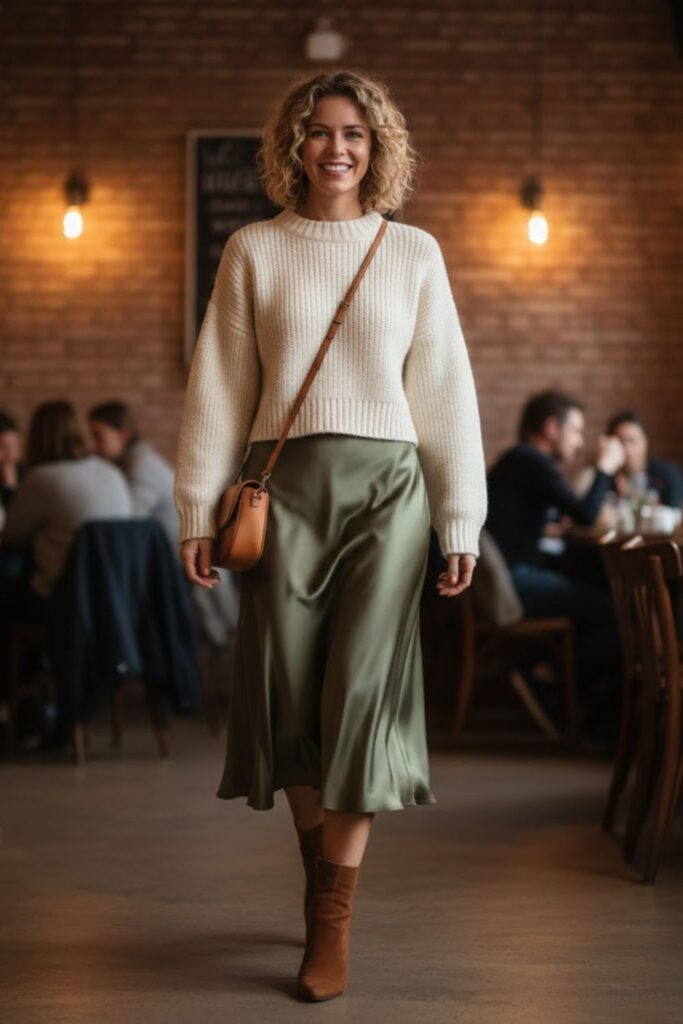 Satin Skirt with Cropped Sweater