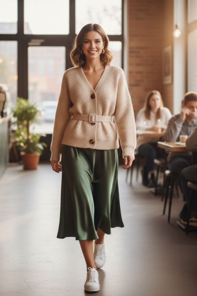 Satin Skirt with Knit Cardigan