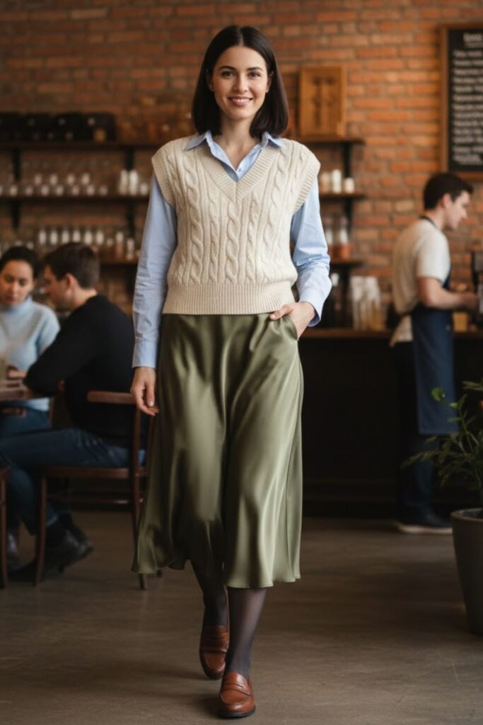 Satin Skirt with Knit Vest