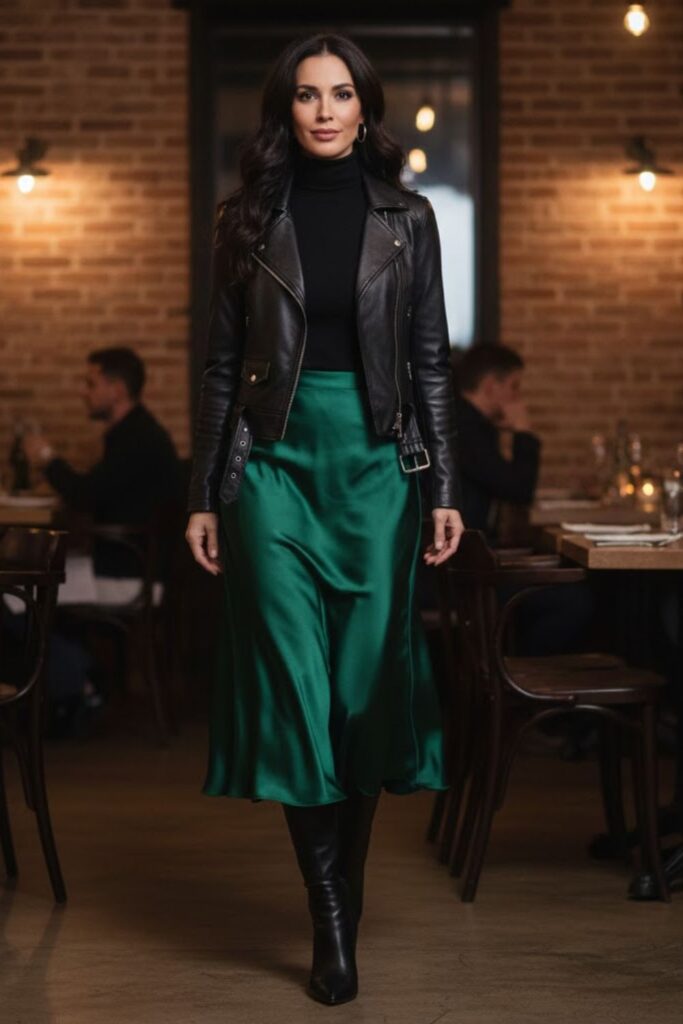 Satin Skirt with Leather Jacket