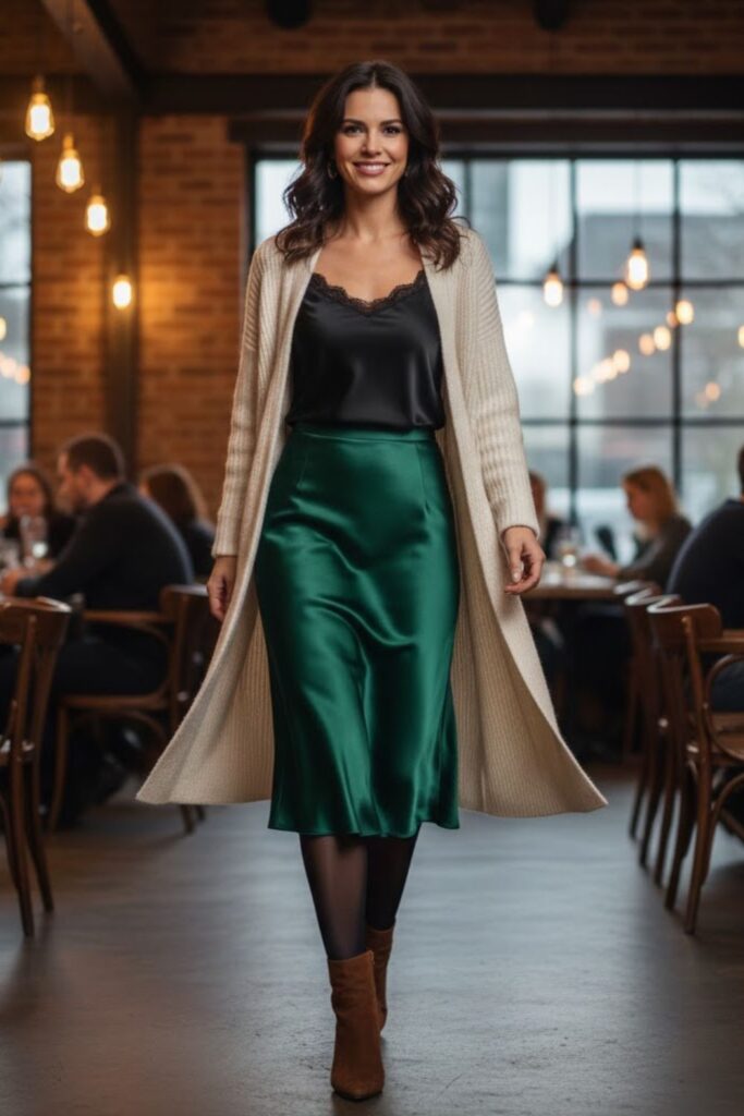 Satin Skirt with Longline Cardigan
