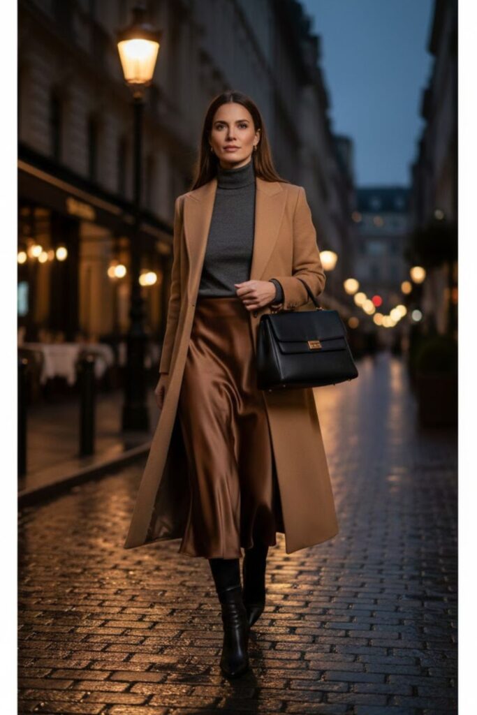 Satin Skirt with Wool Coat