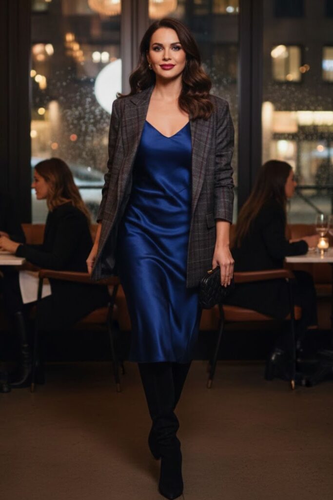 Satin Slip Dress with Oversized Blazer
