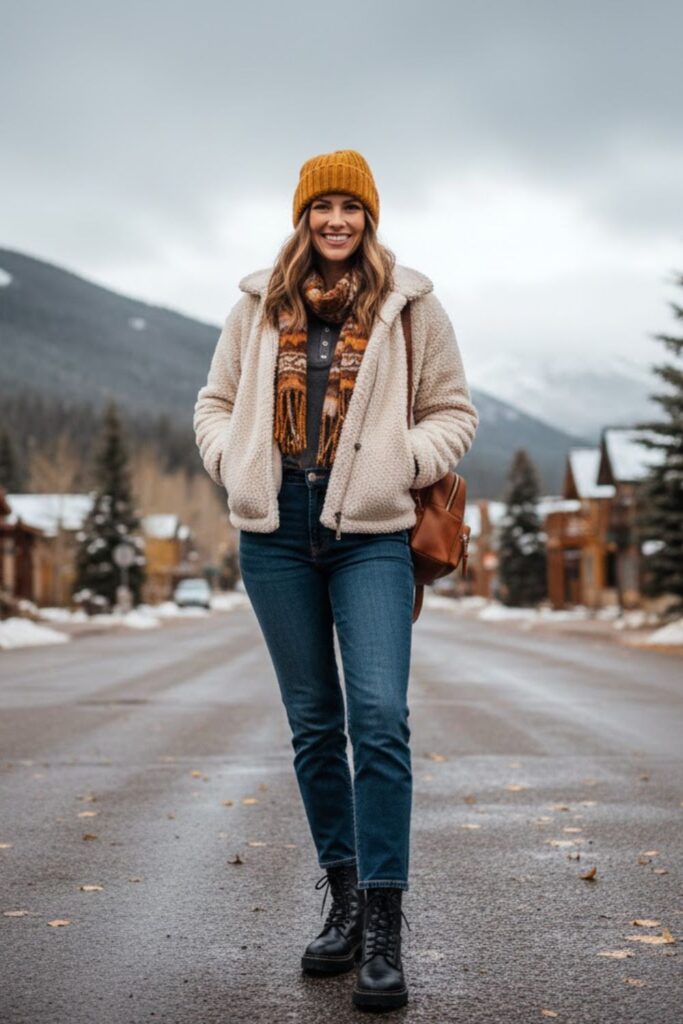 Sherpa Jacket with High-Waisted Jeans
