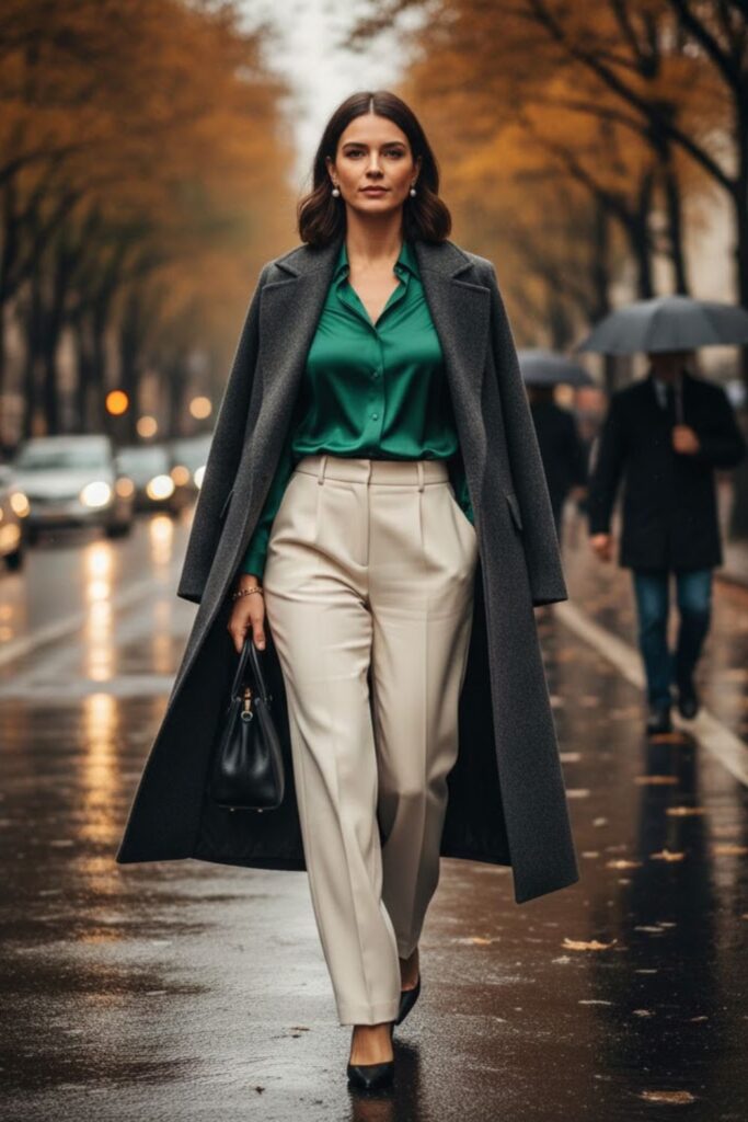 Silk Blouse with High-Waist Trousers