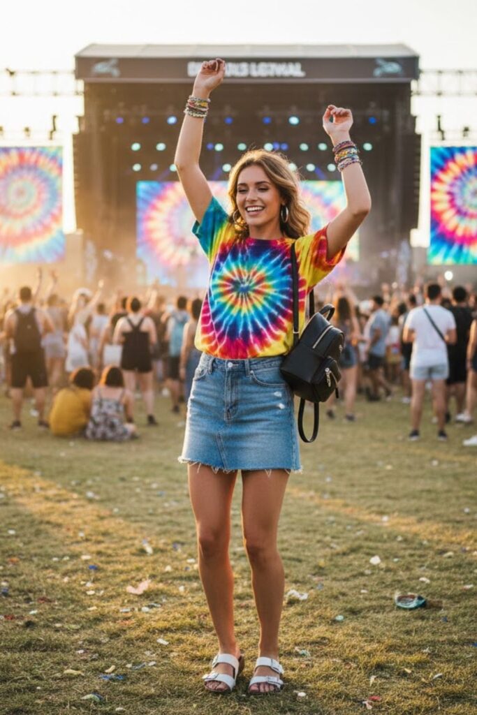 Tie-Dye Tee with Denim Skirt