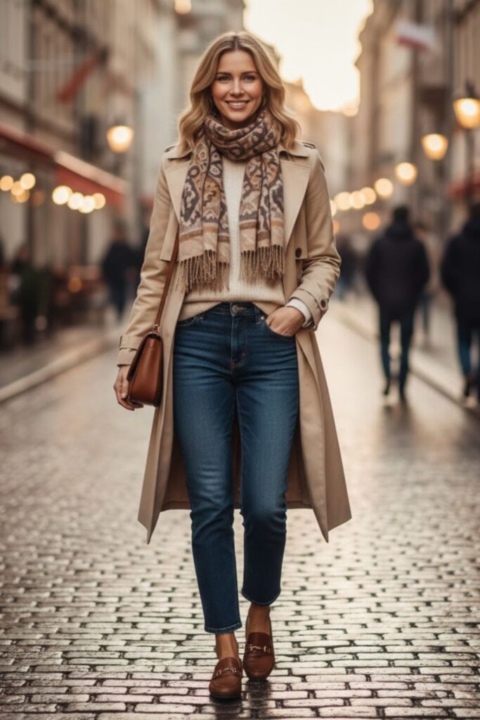 Trench Coat with Cropped Jeans