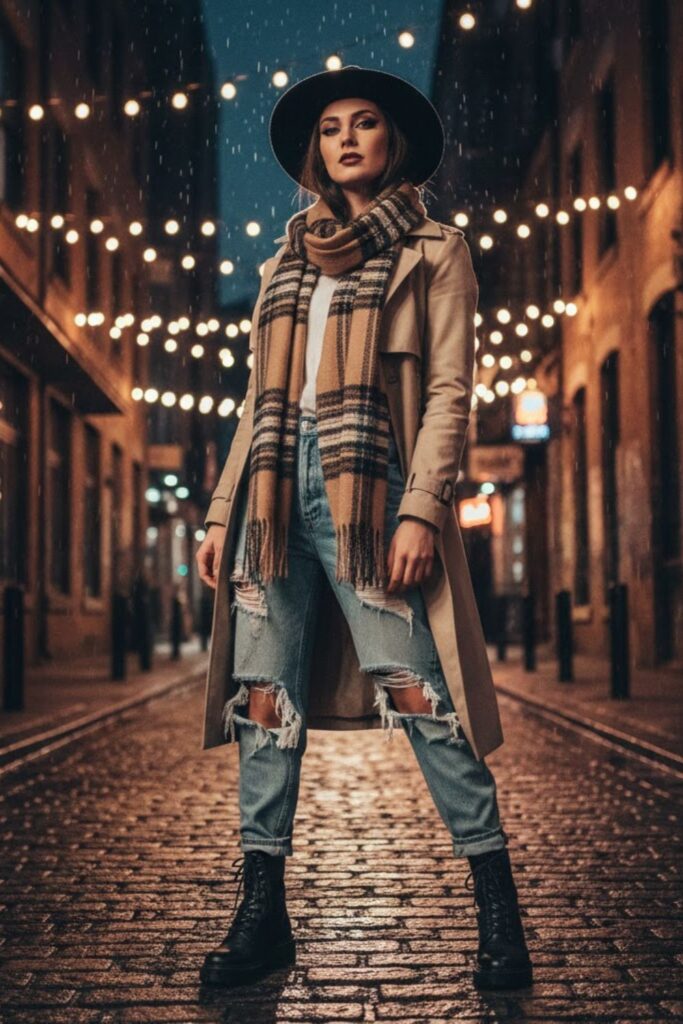 Trench Coat with Ripped Jeans