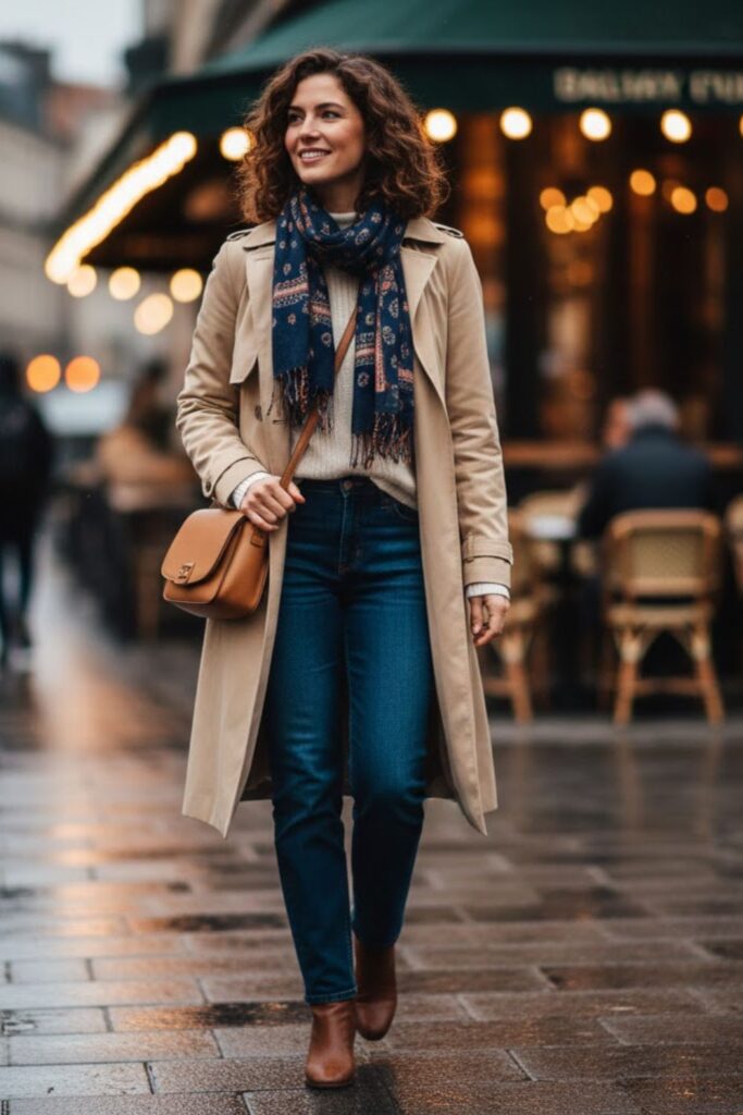 Trench Coat with Sweater and Jeans