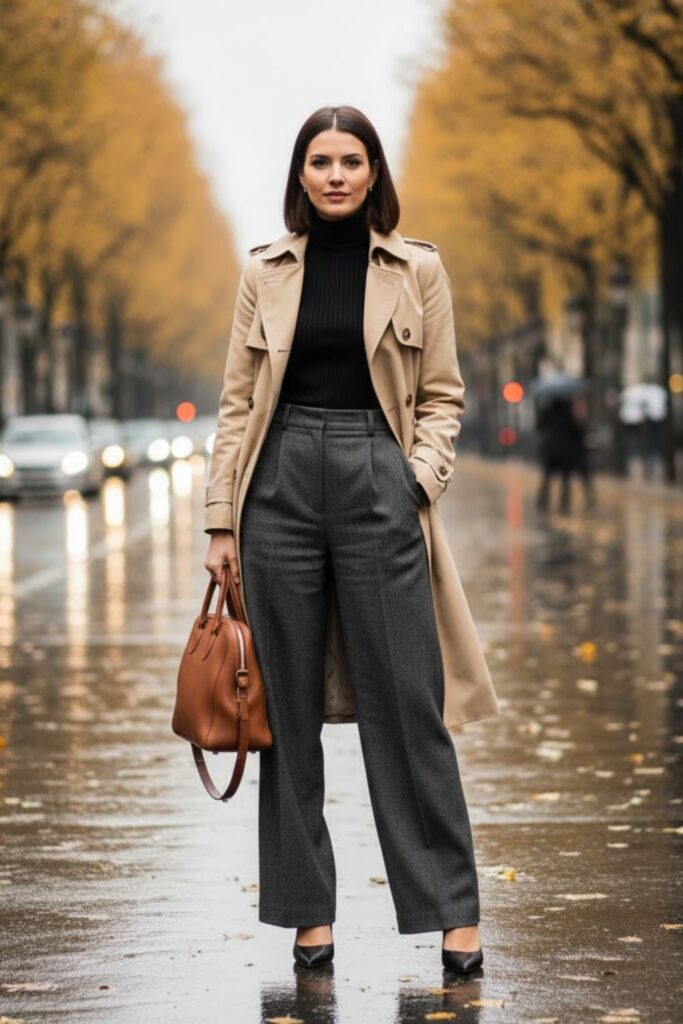 Trench Coat with Wide-Leg Trousers