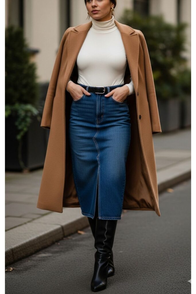 Turtleneck with Dark Wash Denim Midi