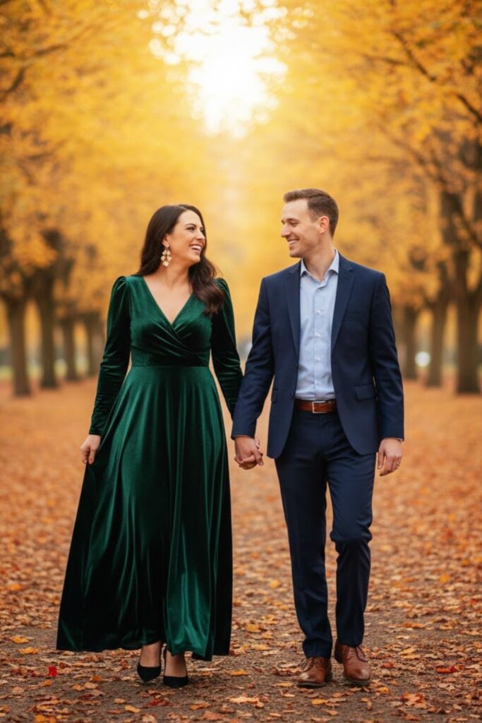 Woman wearing a velvet fall engagement dress with statement earrings