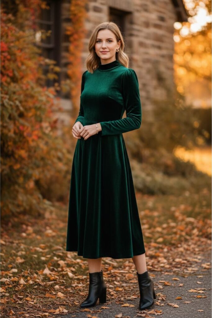 Velvet Midi Dress with Ankle Boots