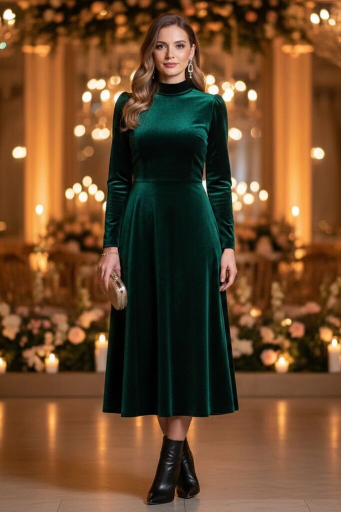 Velvet Midi Dress with Heeled Boots