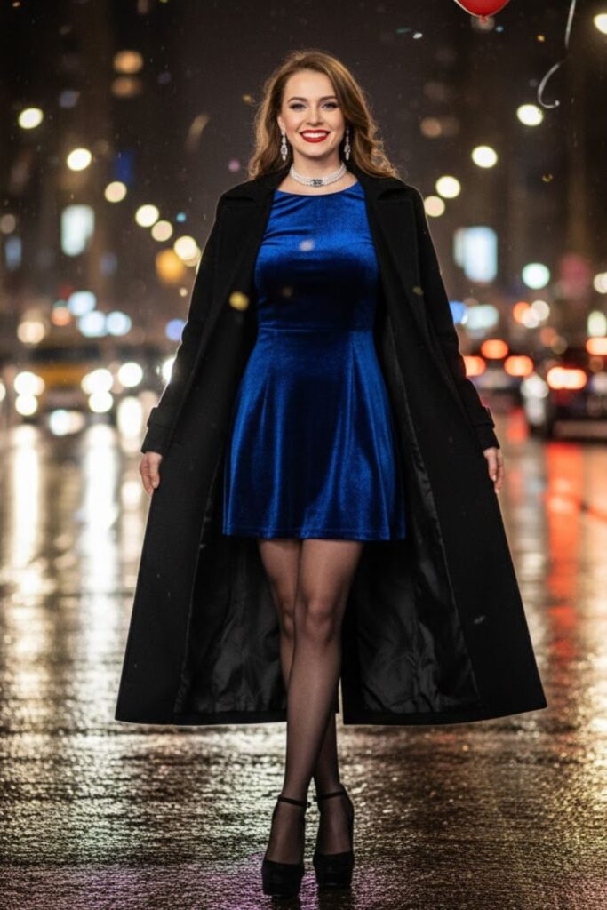 Velvet Mini Dress with Sheer Tights