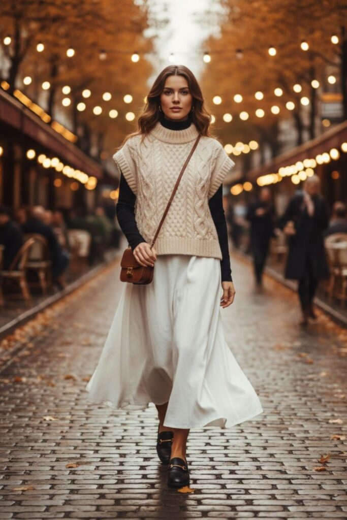 White Maxi Skirt with Knit Vest