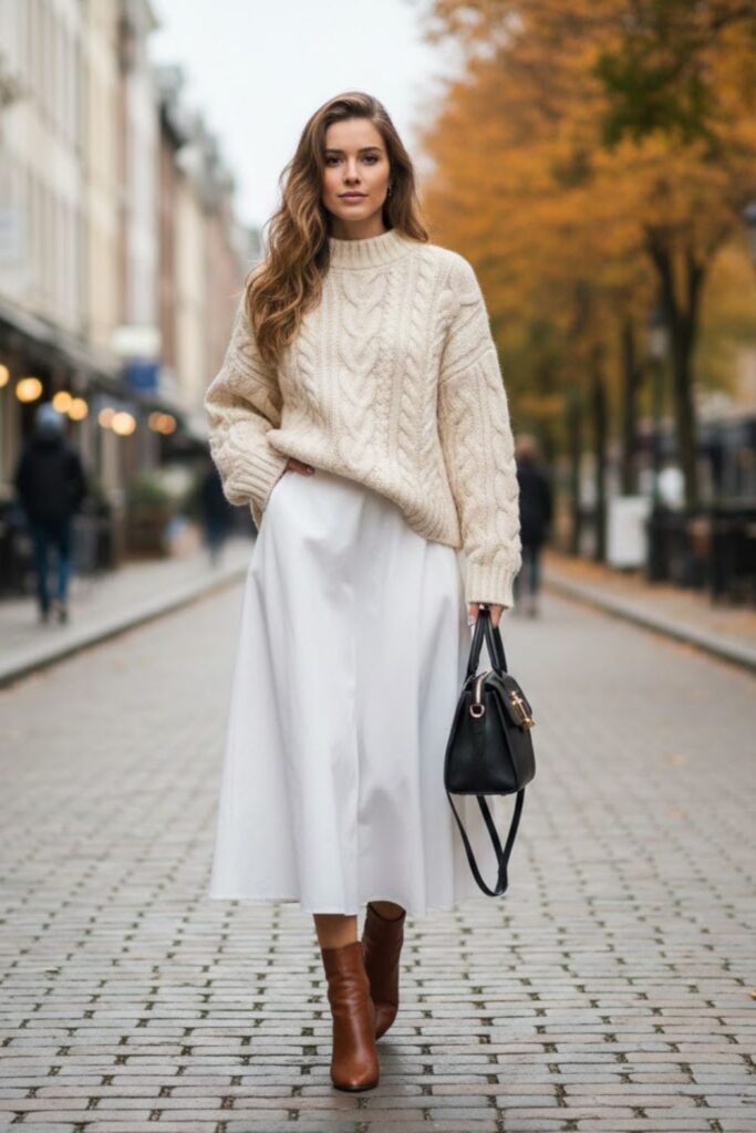 White Midi Skirt with Chunky Sweater