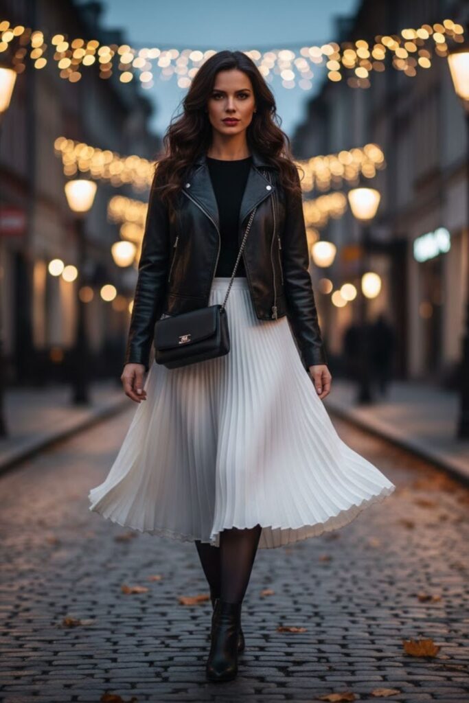 White Pleated Skirt with Leather Jacket