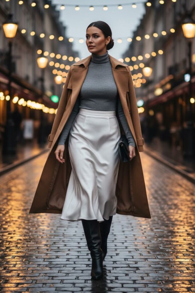 White Satin Skirt with Turtleneck