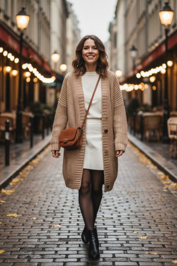 White Skirt with Knit Cardigan