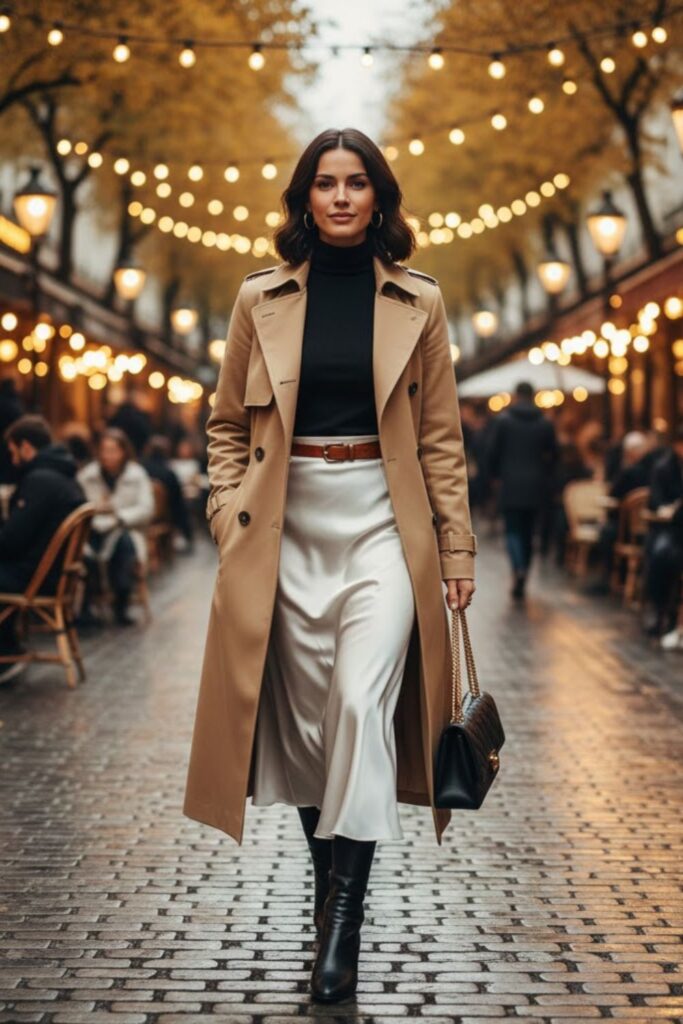 White Skirt with Trench Coat