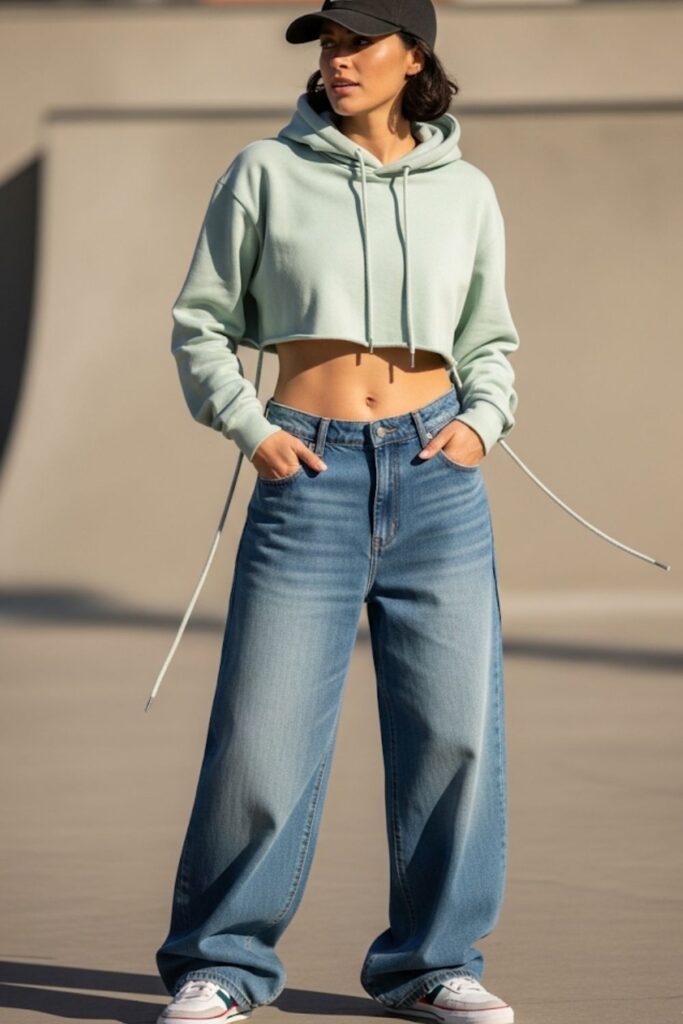 Wide-Leg Jeans with a Cropped Hoodie