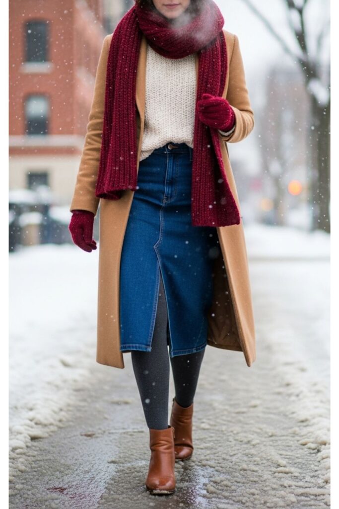 Winter Layering with Denim Midi Skirt