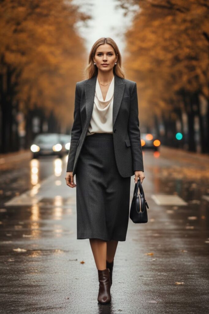 Wool Skirt Suit with Ankle Boots
