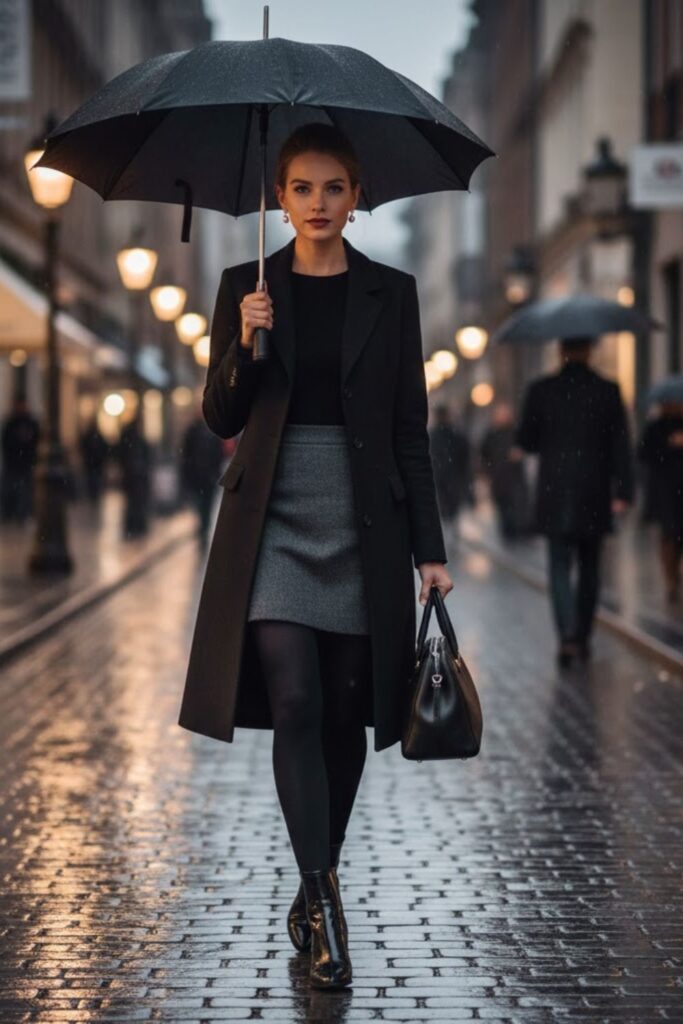Wool Skirt with Tights and Coat