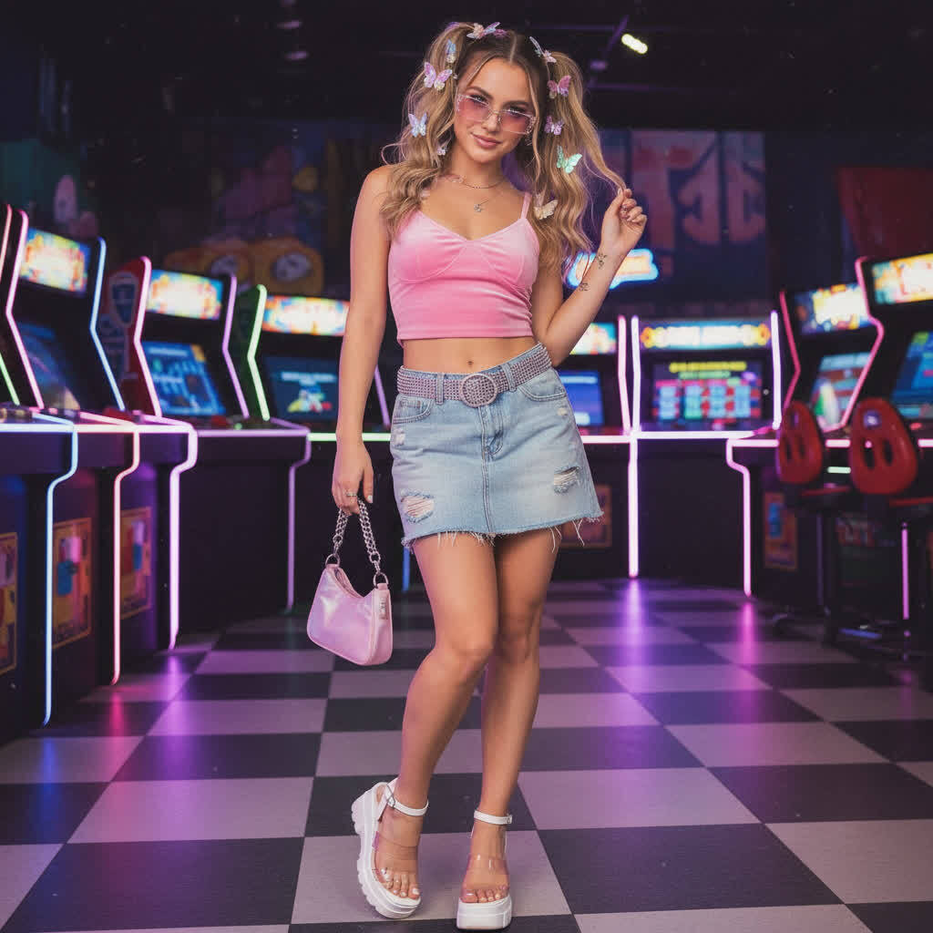 Y2K Denim Skirt with a Baby Pink Top