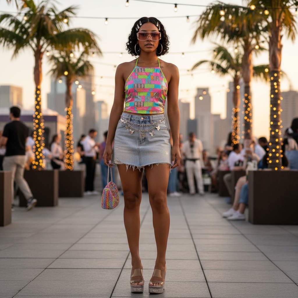 Y2K Denim Skirt with a Halter Top