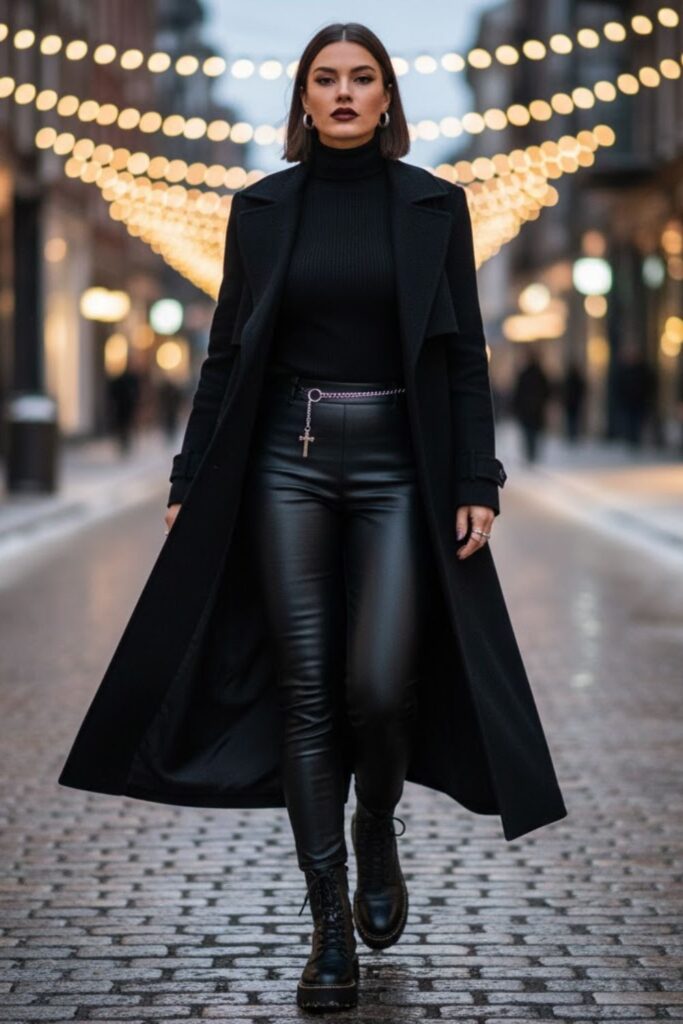1. All-Black Layered Look with Trench Coat