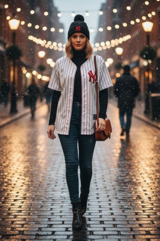 1. Baseball Jersey Over Turtleneck and Jeans