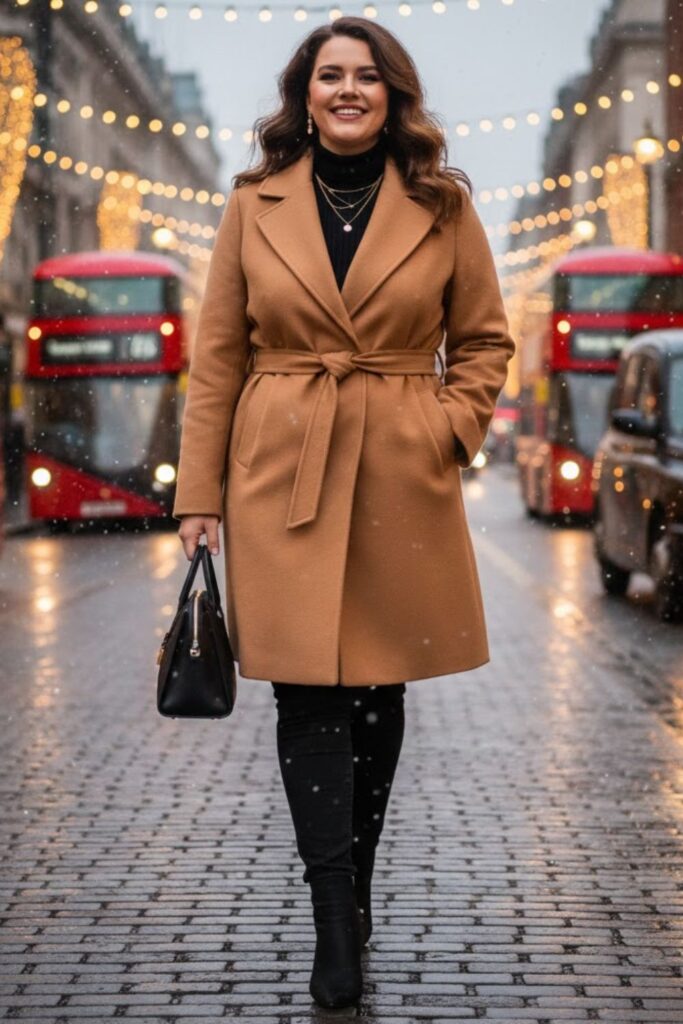 1. Belted Wool Coat with Turtleneck and Skinny Jeans