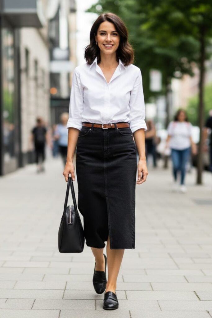 1. Black Denim Midi Skirt with a White Button-Up Shirt