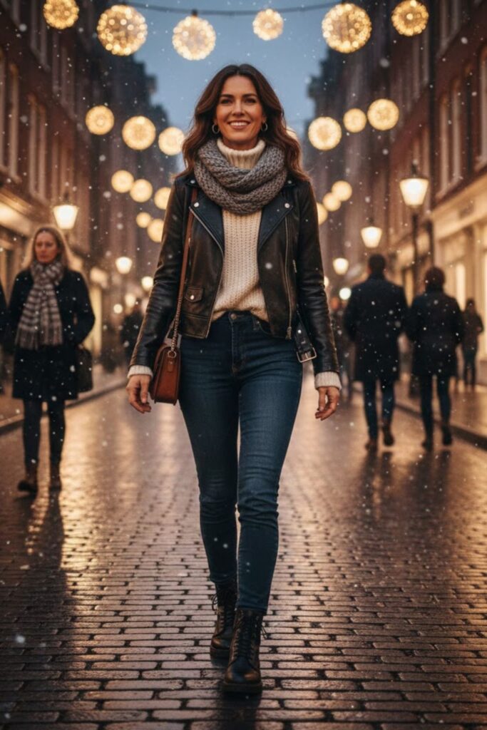 1. Black Leather Jacket with Turtleneck and Jeans