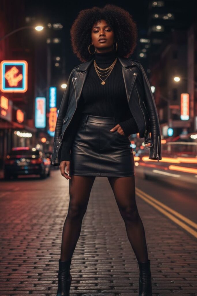 1. Black Leather Mini Skirt with Ankle Boots
