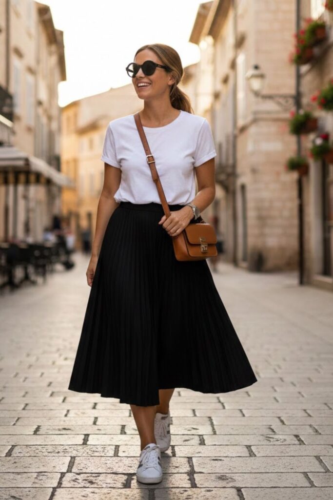 1. Black Pleated Skirt with White T-Shirt and Sneakers