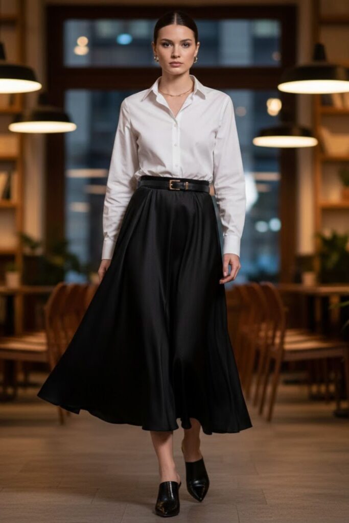 1. Black Silk Midi Skirt with a White Button-Up Shirt