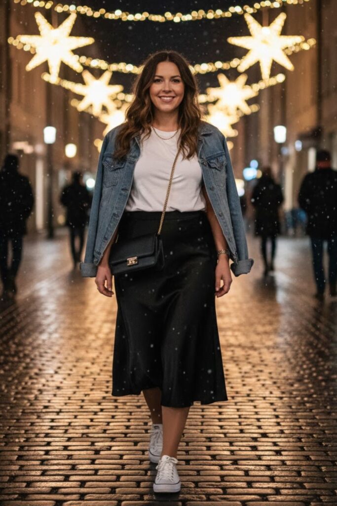 1. Black Silk Skirt with a White T-Shirt and Sneakers