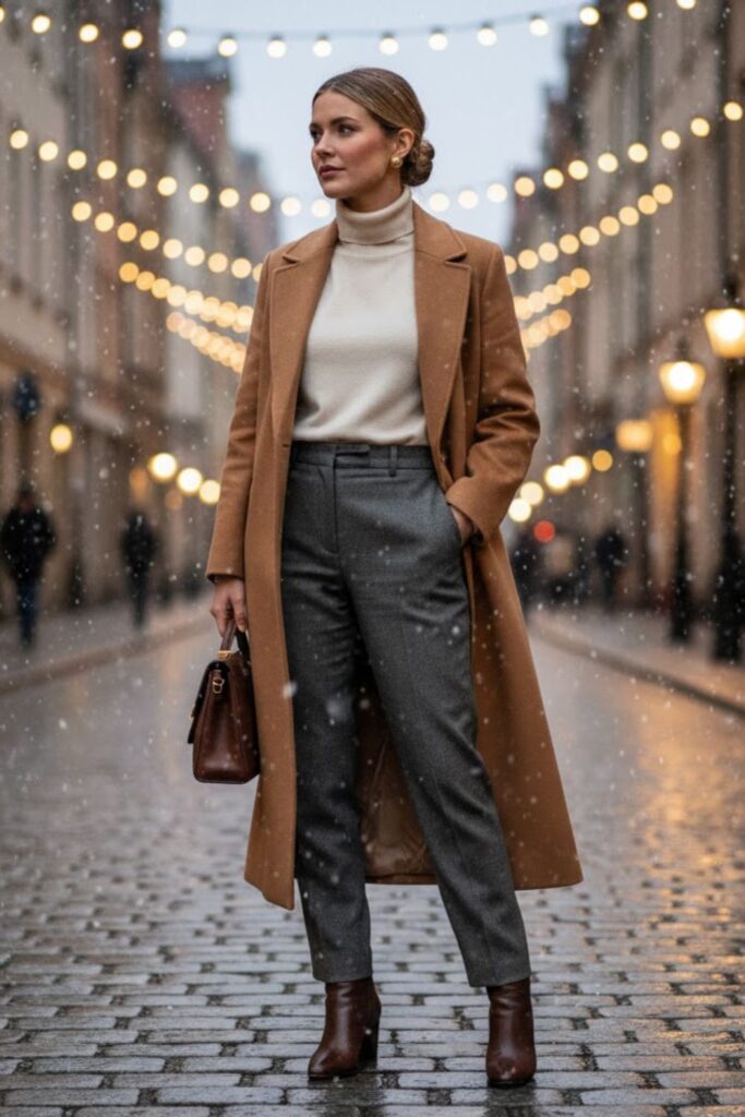 1. Camel Coat with Cream Turtleneck and Wool Trousers