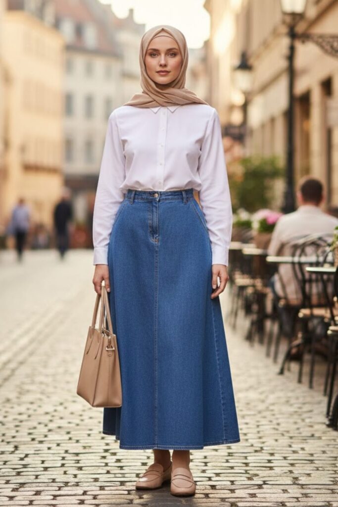 1. Classic White Blouse and Blue Denim Skirt