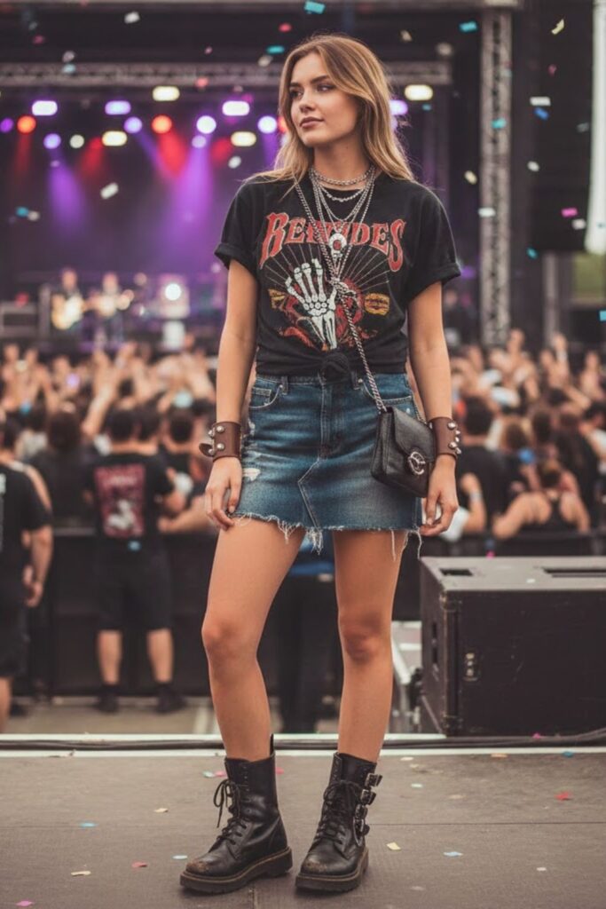 1. Denim Mini Skirt with Band Tee and Combat Boots