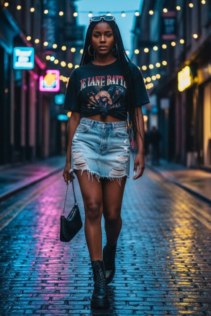 1. Denim Mini Skirt with Vintage Band Tee