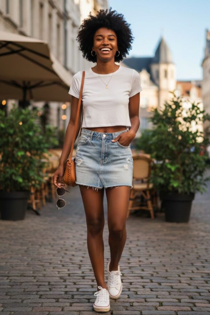 1. Denim Mini Skirt with White Crop Top