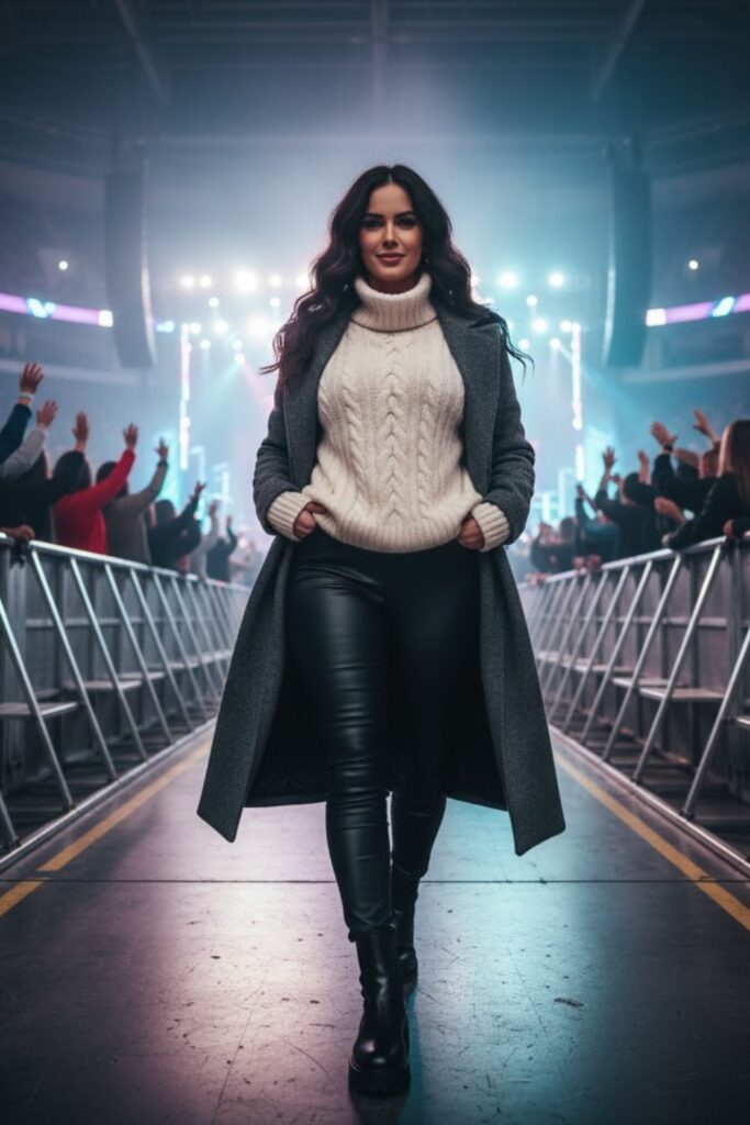 1. Faux Leather Leggings + Oversized Knit + Long Coat