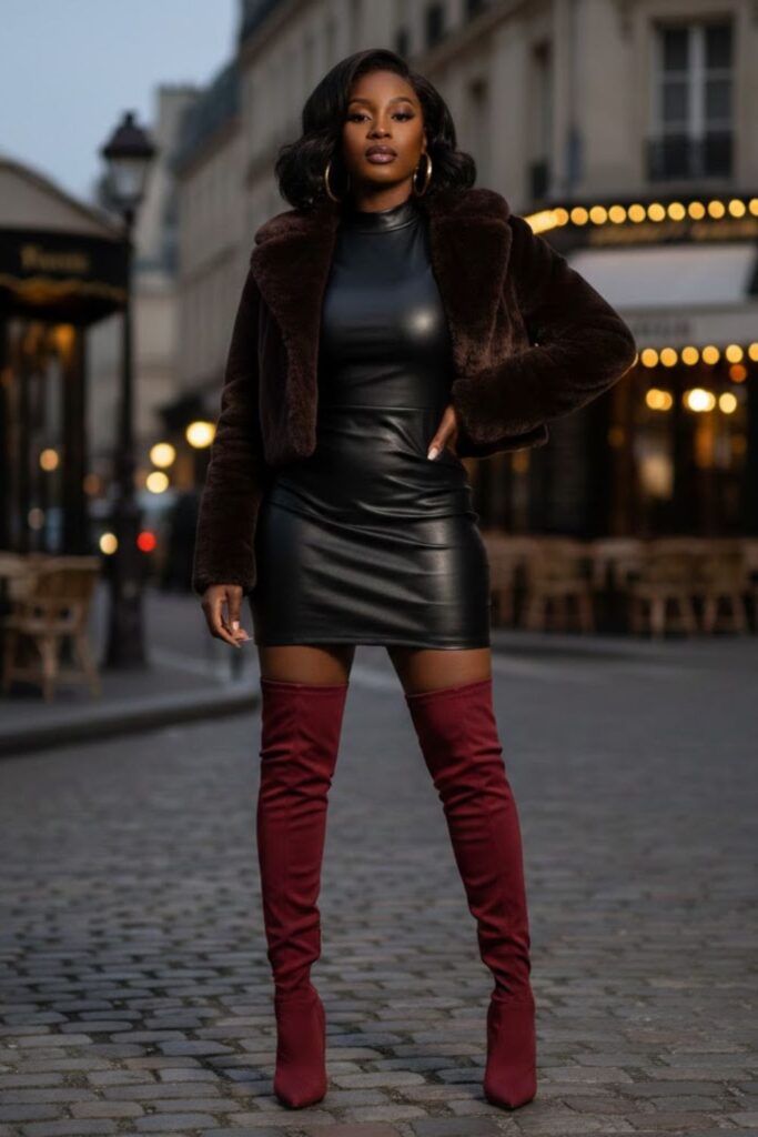 1. Faux Leather Mini Dress with Thigh-High Boots
